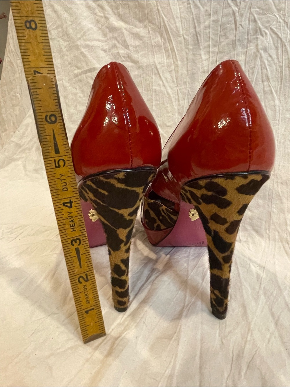 Betsey Johnson 7.5 Leopard Red Patent Bow Platform Stiletto Heels Y2K - Picture 5 of 11